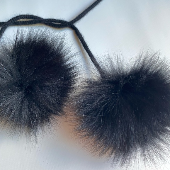 Sofia cashmere black Pom Pom tie poms hat 100% cashmere soft ear warmer … - Picture 2 of 8